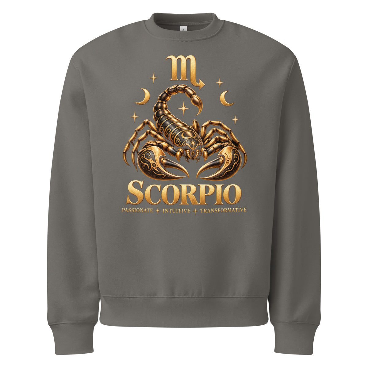 Scorpio zodiac oversized sweatshirt in asphalt, front: a golden scorpion in a night sky of gold stars with the Scorpio glyph