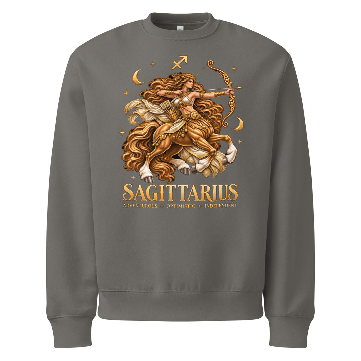 Sagittarius zodiac oversized sweatshirt in asphalt, front: a golden centaur archer in a night sky of gold stars with the Sagittarius glyph