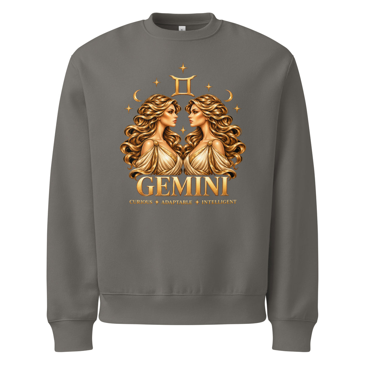 Gemini zodiac oversized sweatshirt in asphalt, front: golden twins face to face in a night sky of gold stars