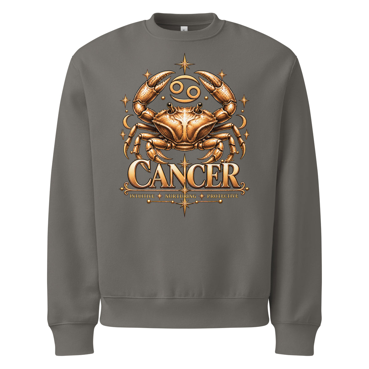 Cancer zodiac oversized sweatshirt in asphalt, front: a golden crab with claws raised in a night sky of gold stars