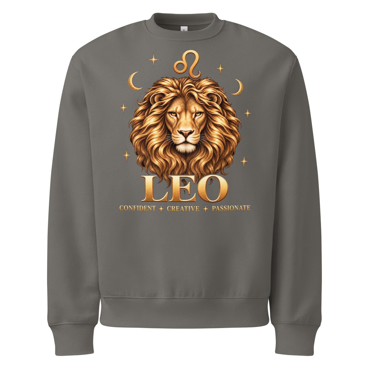Leo zodiac oversized sweatshirt in asphalt, front: a golden lion with a full flowing mane in a night sky of gold stars