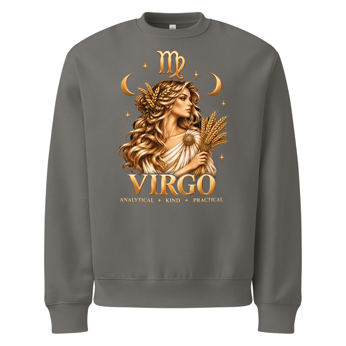 Virgo zodiac oversized sweatshirt in asphalt, front: a golden maiden holding a sheaf of wheat in a night sky of gold stars