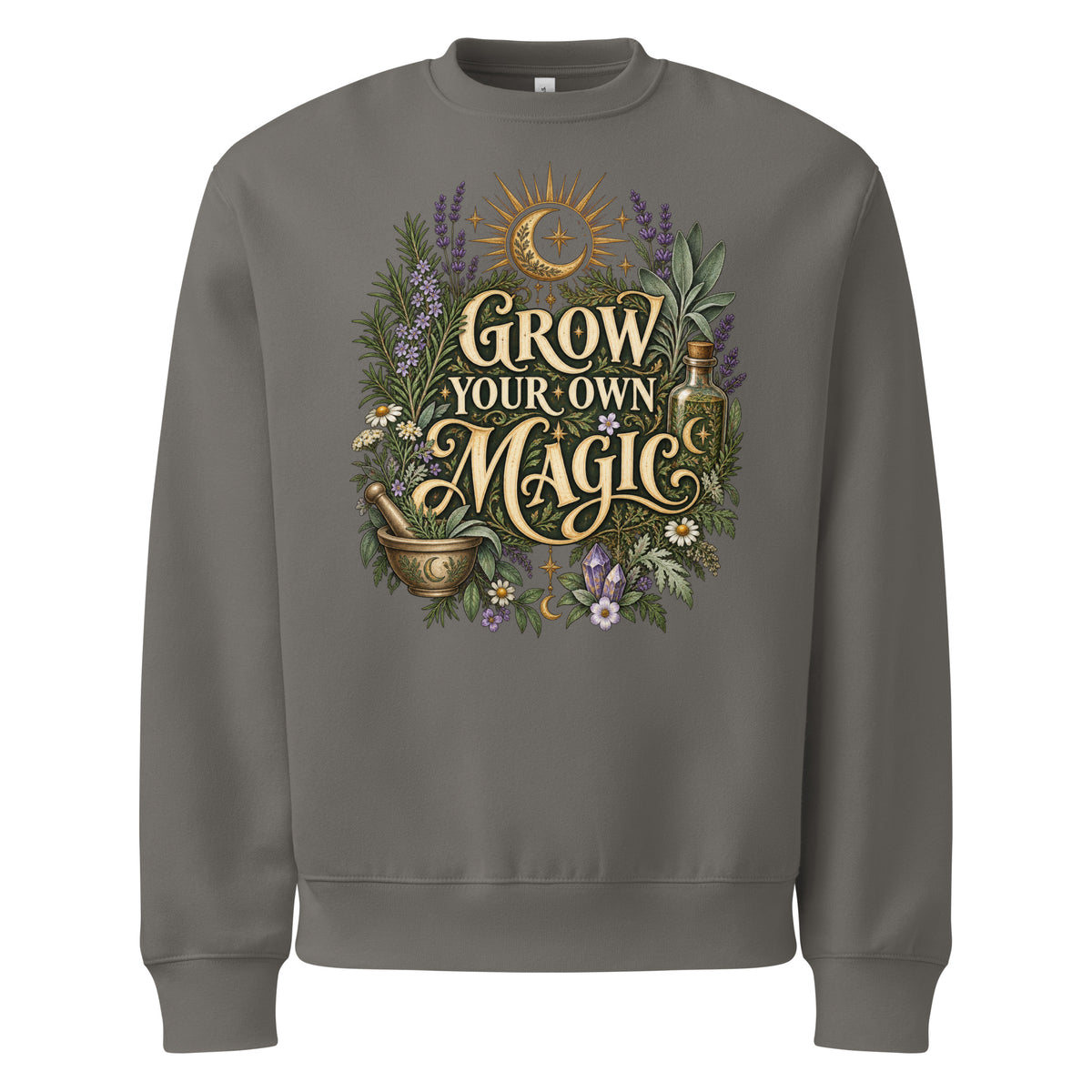 Grow Your Own Magic herbology design, herbs and a golden moon, on an asphalt oversized sweatshirt, front view