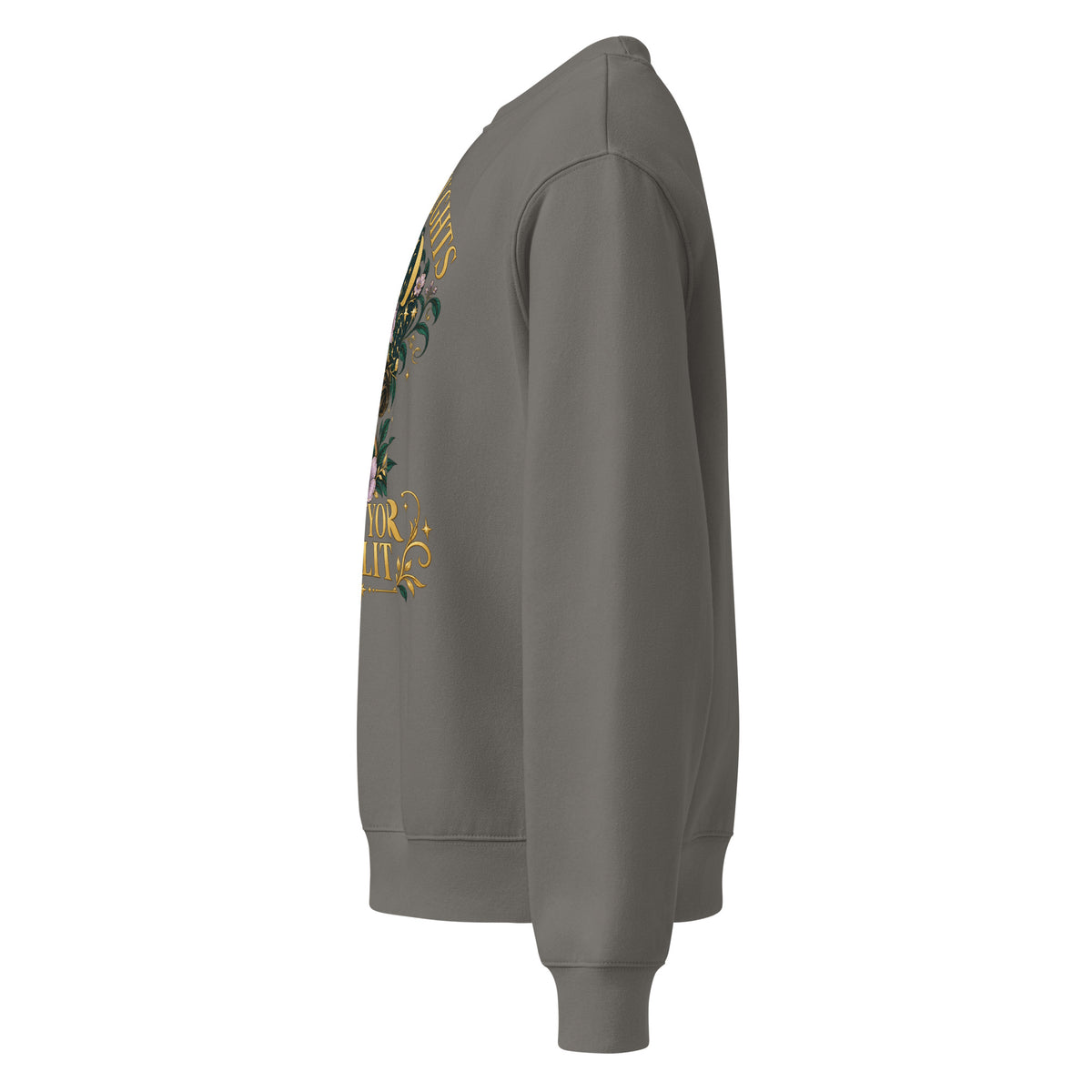 Your Thoughts Shape Your Reality oversized sweatshirt in asphalt, left side, showing the dropped sleeve and relaxed fit.