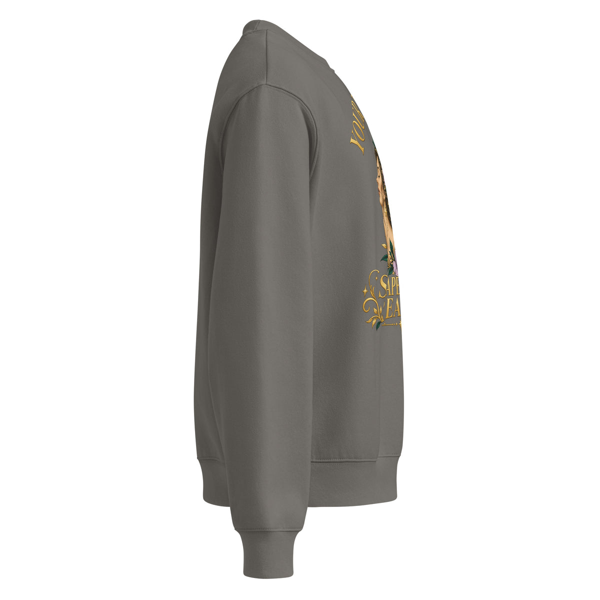 Your Thoughts Shape Your Reality oversized sweatshirt in asphalt, right side, showing the dropped sleeve and ribbed cuff.