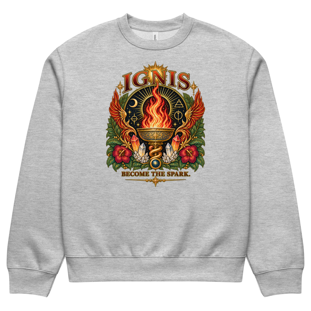 Ignis Become the Spark design, Be Magical collection, on an athletic heather oversized heavyweight sweatshirt, front view