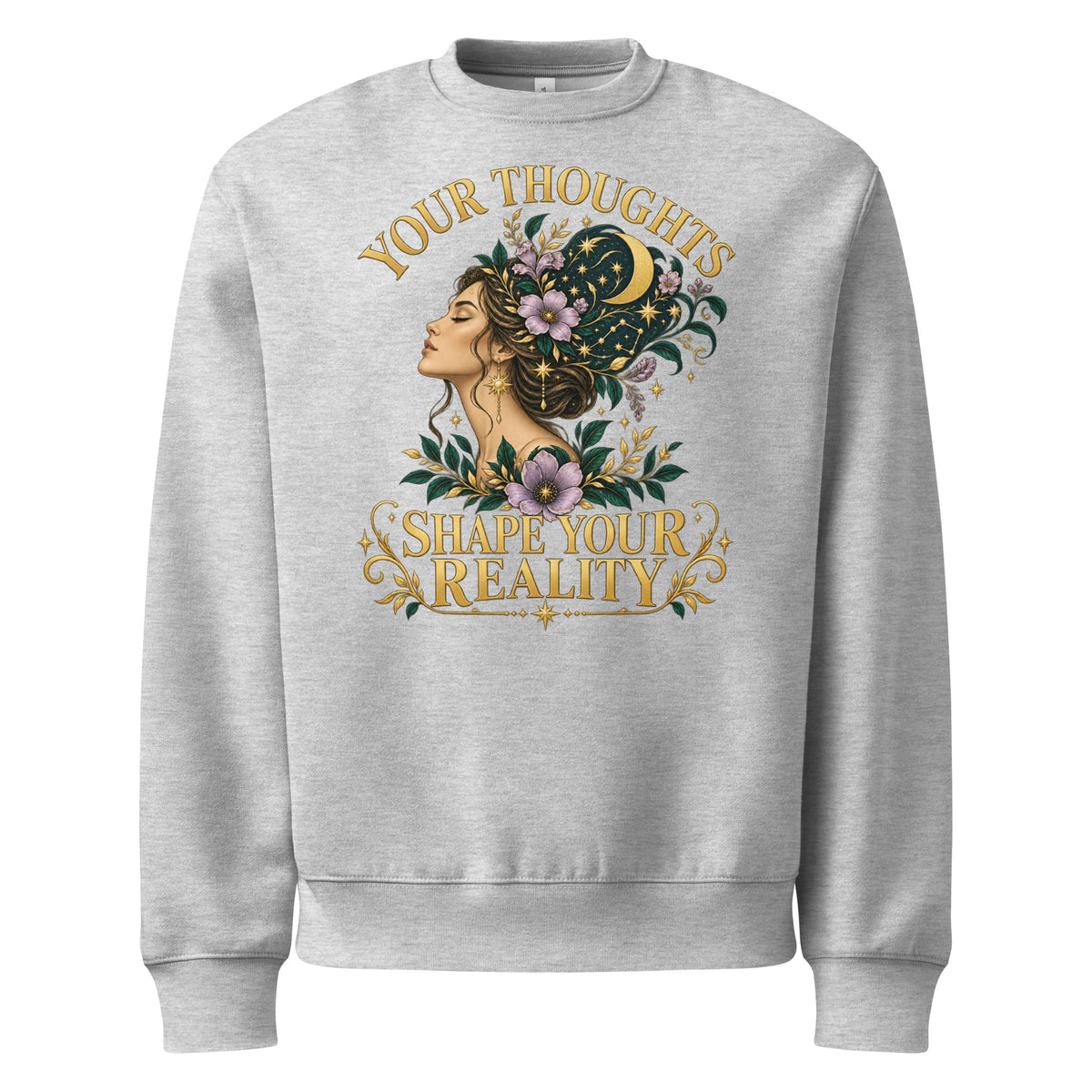 Your Thoughts Shape Your Reality oversized heavyweight sweatshirt in athletic heather, front. Gold lettering above a woman's profile with stars and lavender.