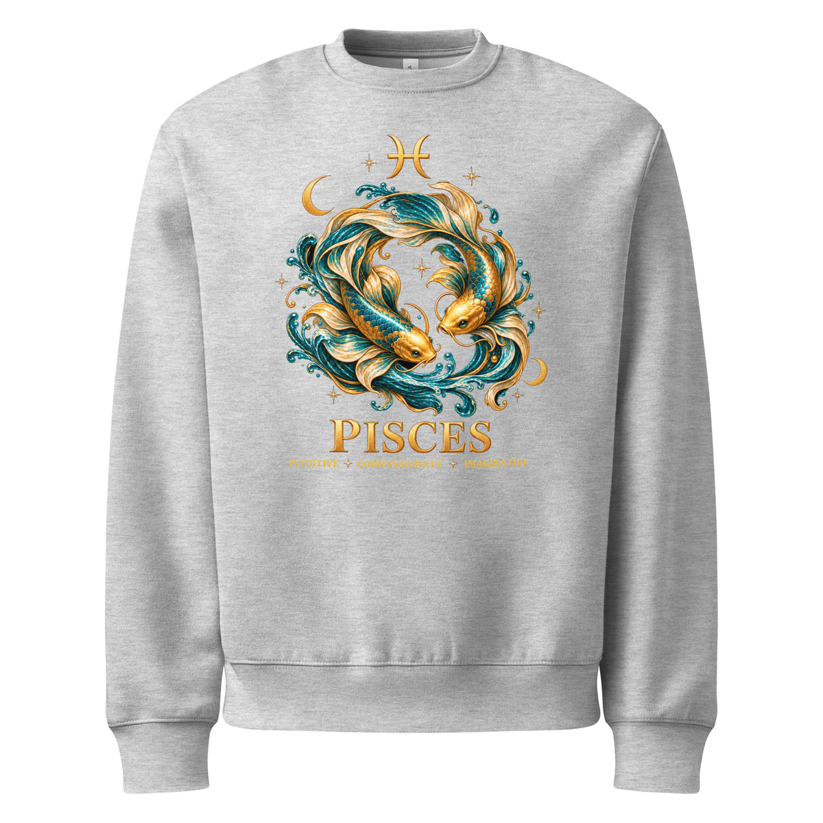 Pisces zodiac oversized sweatshirt in athletic heather, front: two gold and teal koi in a night sky of gold stars with the Pisces glyph