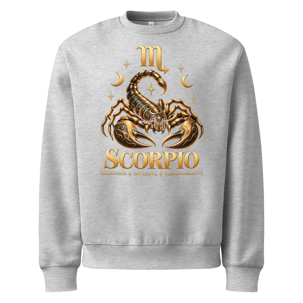 Scorpio zodiac oversized sweatshirt in athletic heather, front: a golden scorpion in a night sky of gold stars with the Scorpio glyph