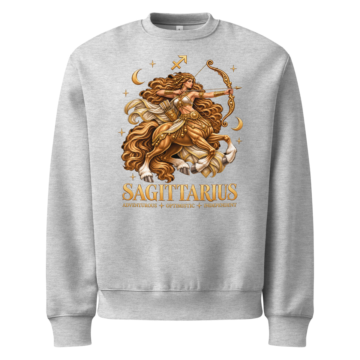 Sagittarius zodiac oversized sweatshirt in athletic heather, front: a golden centaur archer in a night sky of gold stars with the Sagittarius glyph