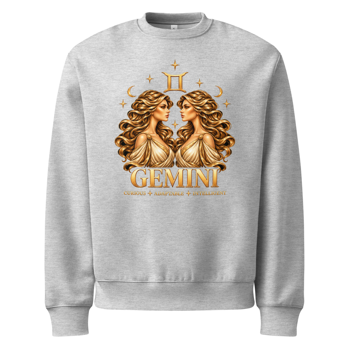 Gemini zodiac oversized sweatshirt in athletic heather, front: golden twins face to face in a night sky of gold stars