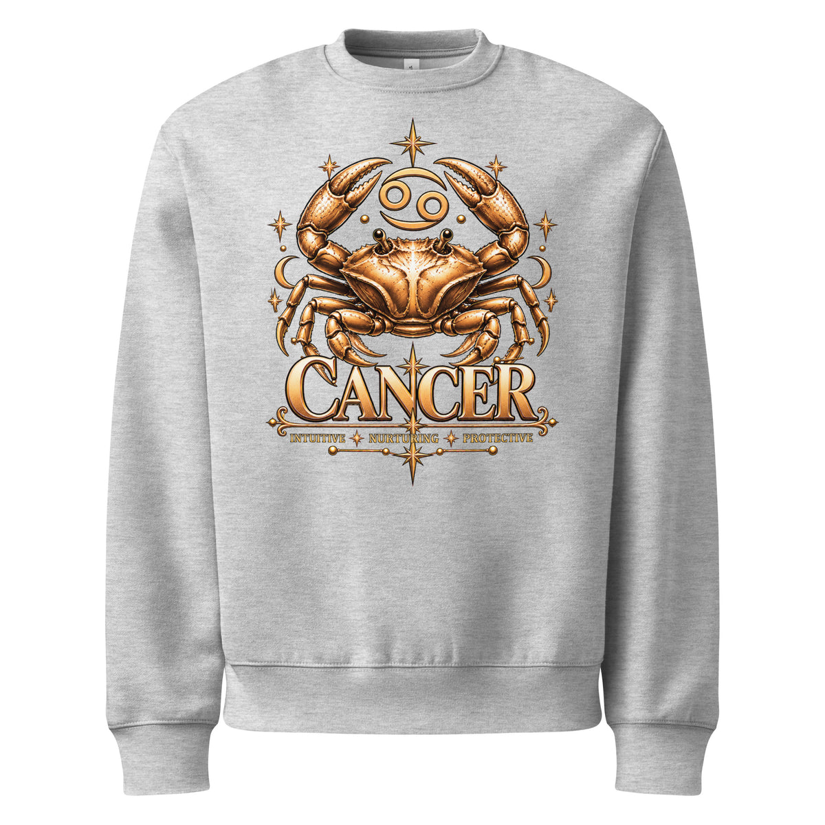 Cancer zodiac oversized sweatshirt in athletic heather, front: a golden crab with claws raised in a night sky of gold stars