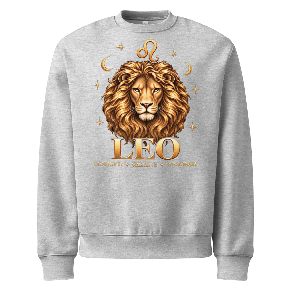 Leo zodiac oversized sweatshirt in athletic heather, front: a golden lion with a full flowing mane in a night sky of gold stars