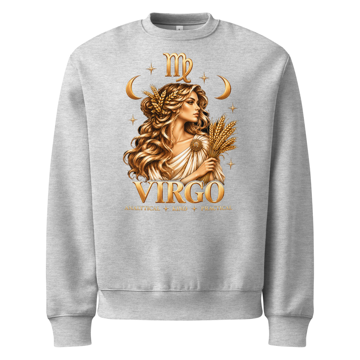 Virgo zodiac oversized sweatshirt in athletic heather, front: a golden maiden holding a sheaf of wheat in a night sky of gold stars