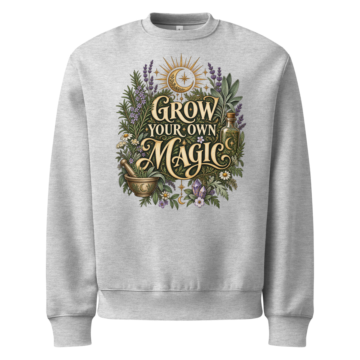 Grow Your Own Magic herbology design, herbs and a golden moon, on an athletic heather oversized sweatshirt, front view