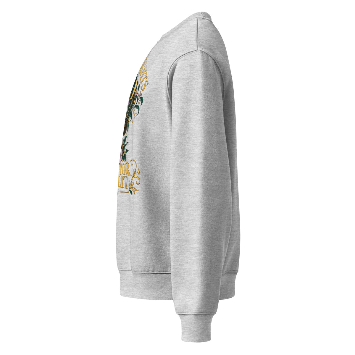 Your Thoughts Shape Your Reality oversized sweatshirt in athletic heather, left side, showing the dropped sleeve.