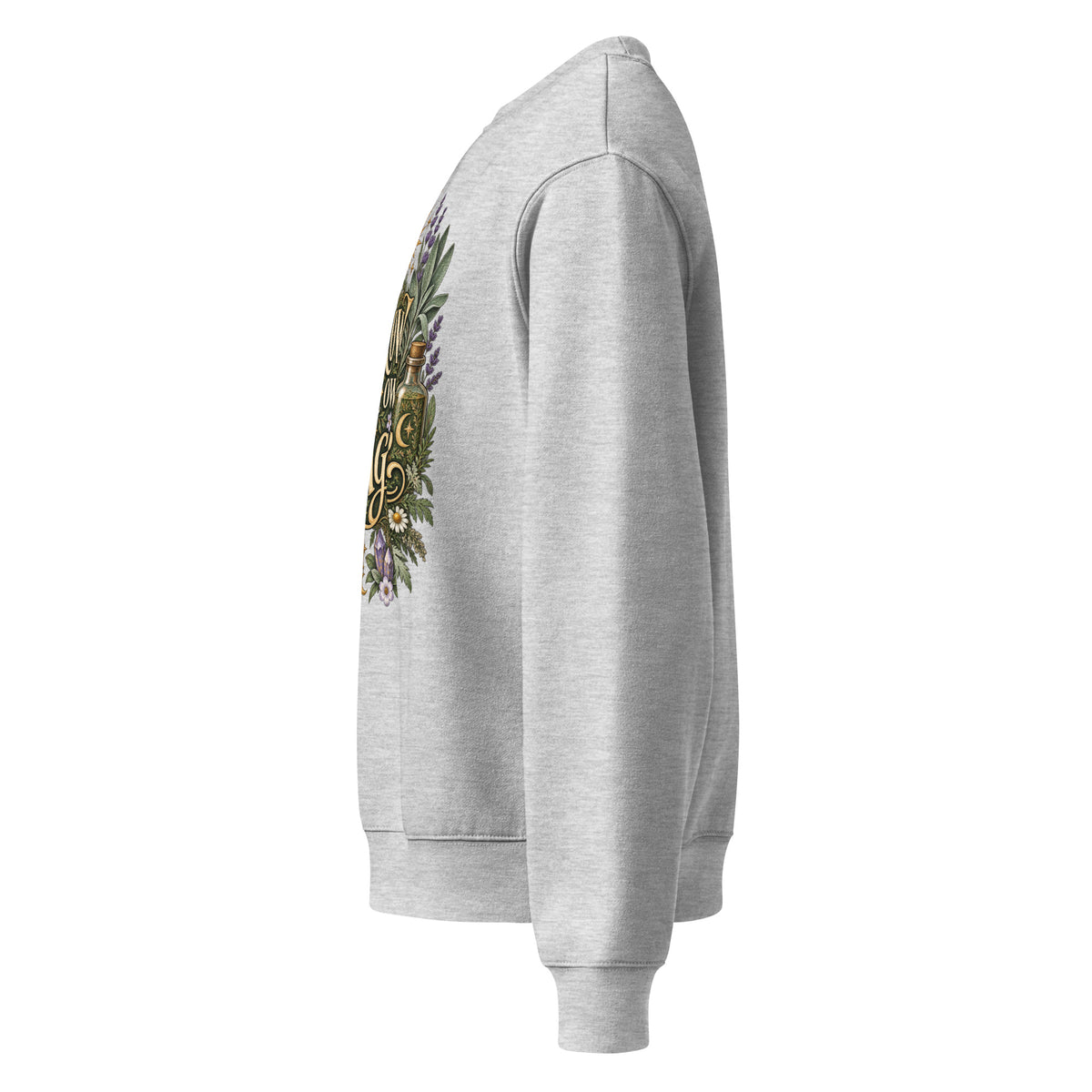 Grow Your Own Magic design on an athletic heather oversized sweatshirt, left side view