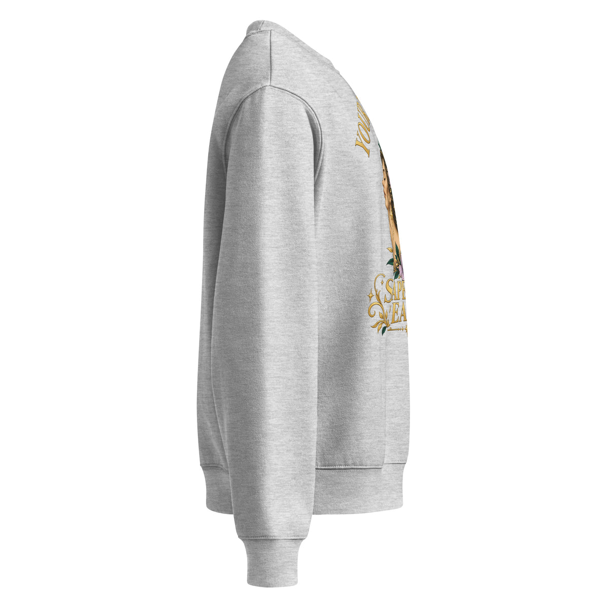 Your Thoughts Shape Your Reality oversized sweatshirt in athletic heather, right side, showing the dropped sleeve.