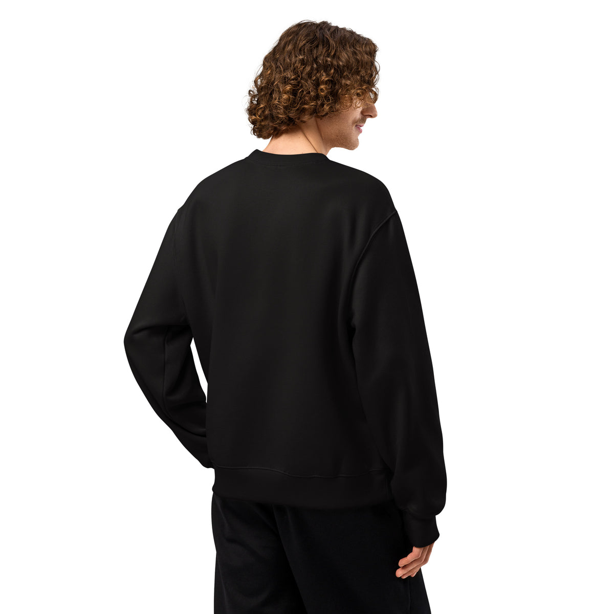 Whimsy, Take Your Magic Seriously design, on a black oversized heavyweight sweatshirt, back view