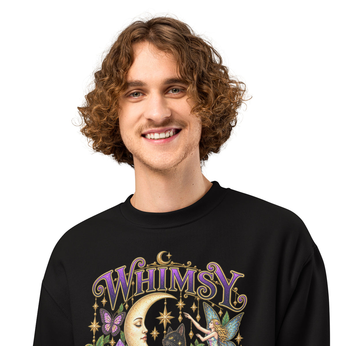 Whimsy, Take Your Magic Seriously design, on a black oversized heavyweight sweatshirt, front view, alternate shot