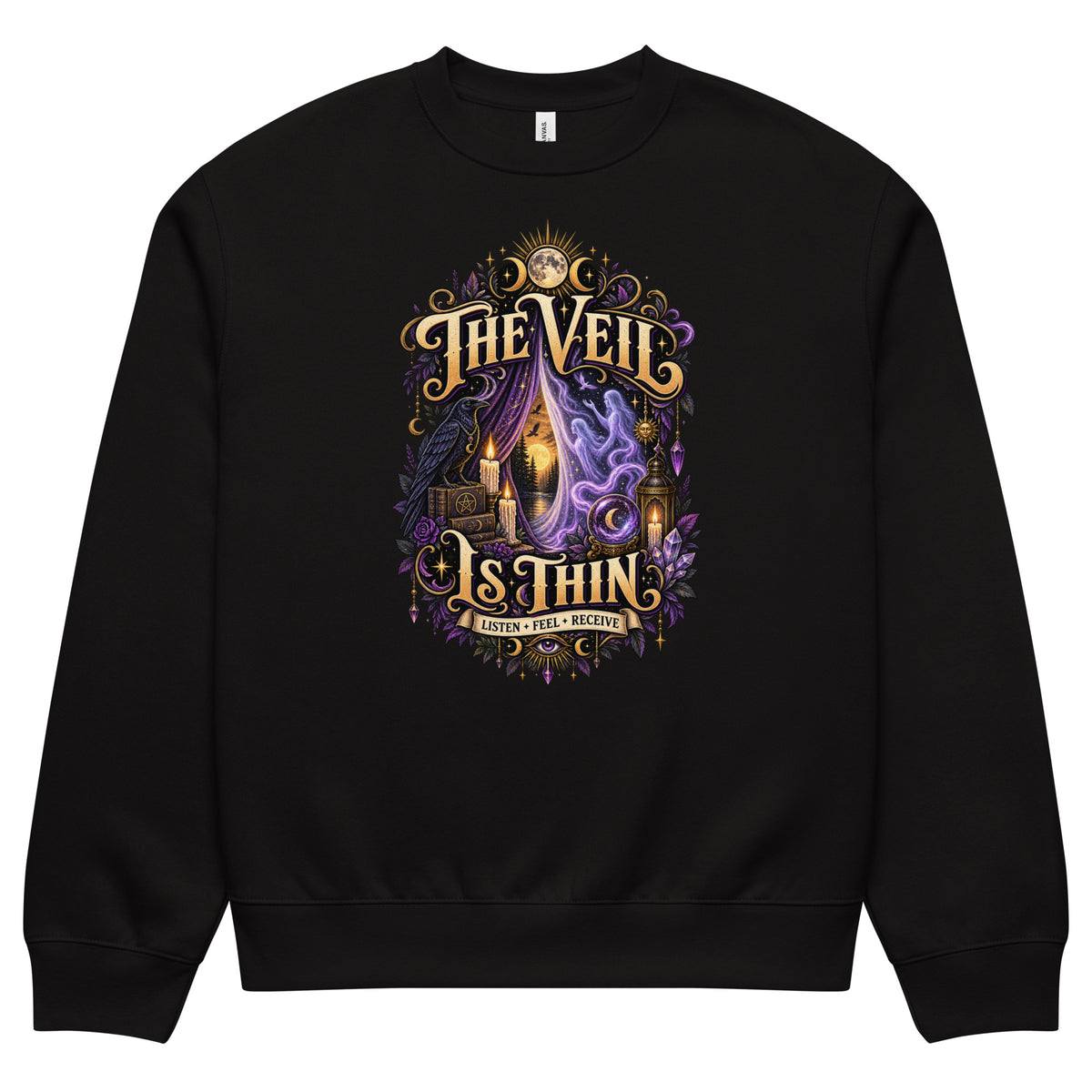 The Veil Is Thin whimsigoth design, a raven, candles and spirits rising through a parted veil, on a black oversized heavyweight sweatshirt, front view, laid flat