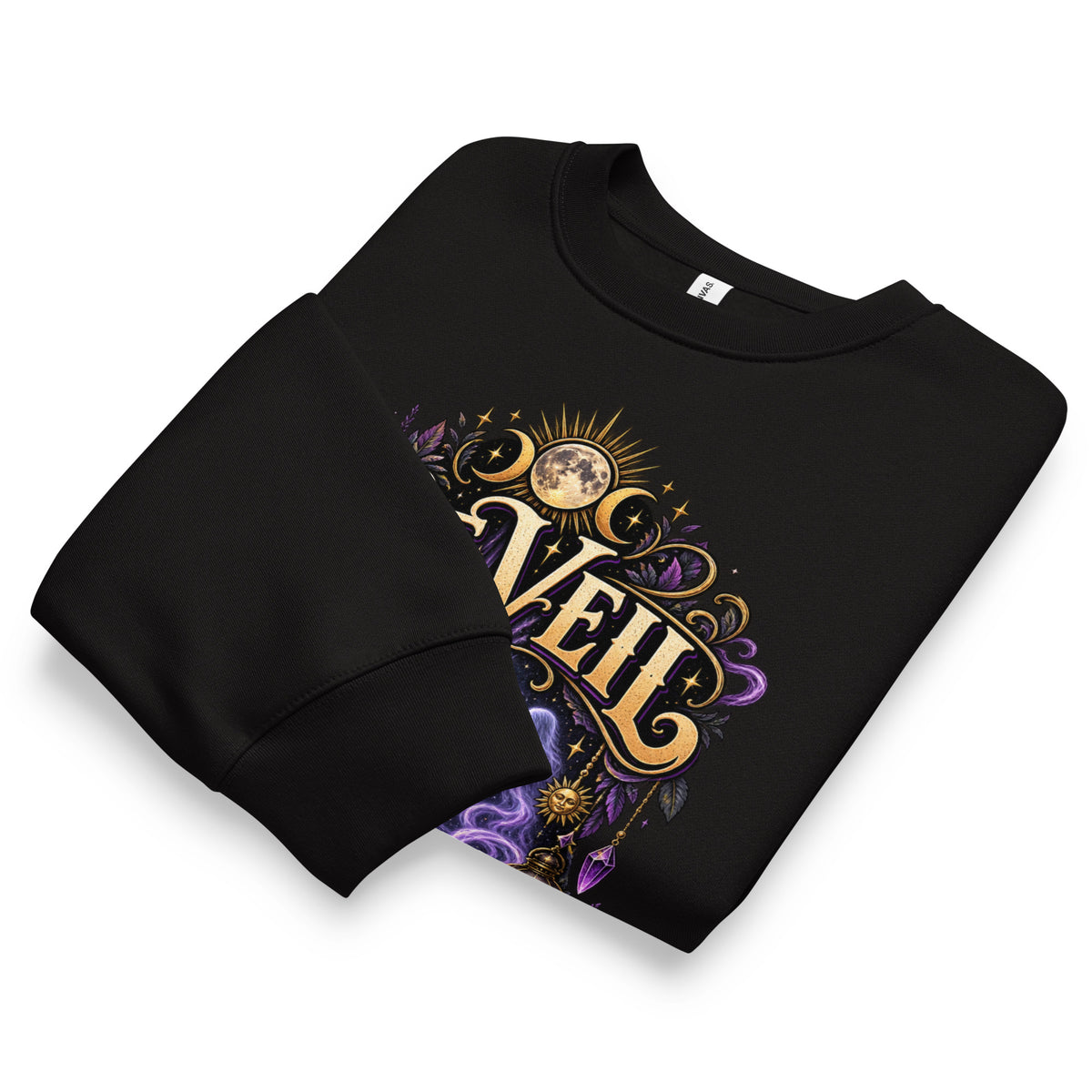 The Veil Is Thin whimsigoth design, a raven, candles and spirits rising through a parted veil, on a black oversized heavyweight sweatshirt, front view