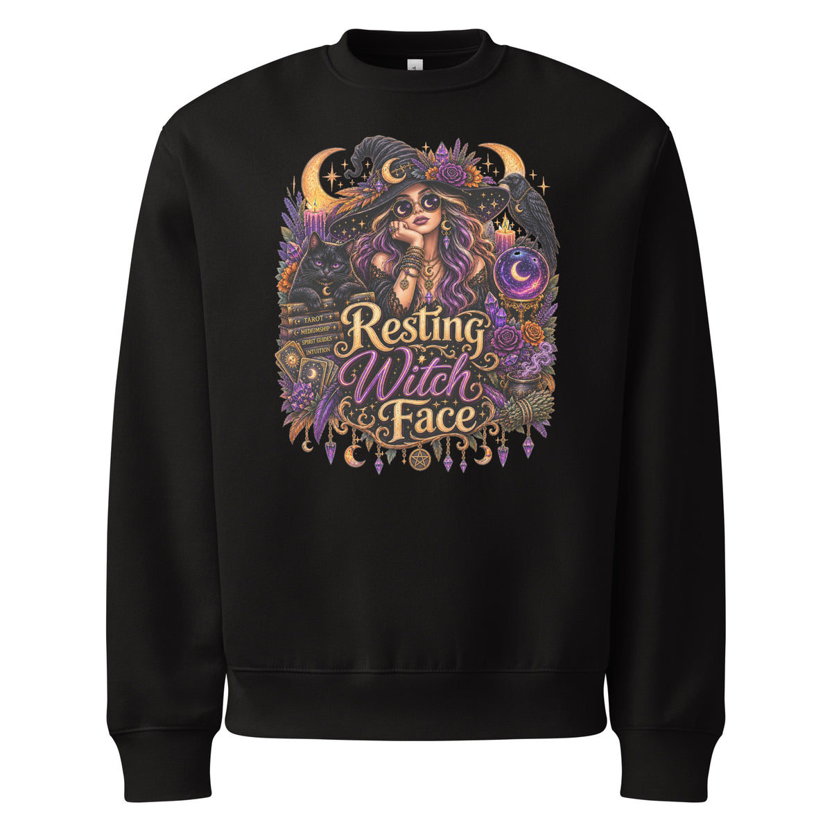 Resting Witch Face whimsigoth design, a witch in round sunglasses with her black cat and a raven, on a black oversized heavyweight sweatshirt, front view