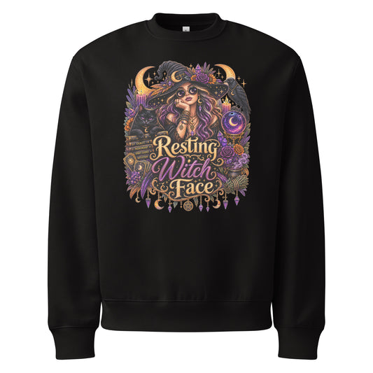 Resting Witch Face whimsigoth design, a witch in round sunglasses with her black cat and a raven, on a black oversized heavyweight sweatshirt, front view
