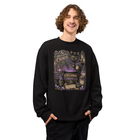 Add A Little Chaos whimsigoth design, a masked cat and a bubbling cauldron, on a black oversized heavyweight sweatshirt, front view
