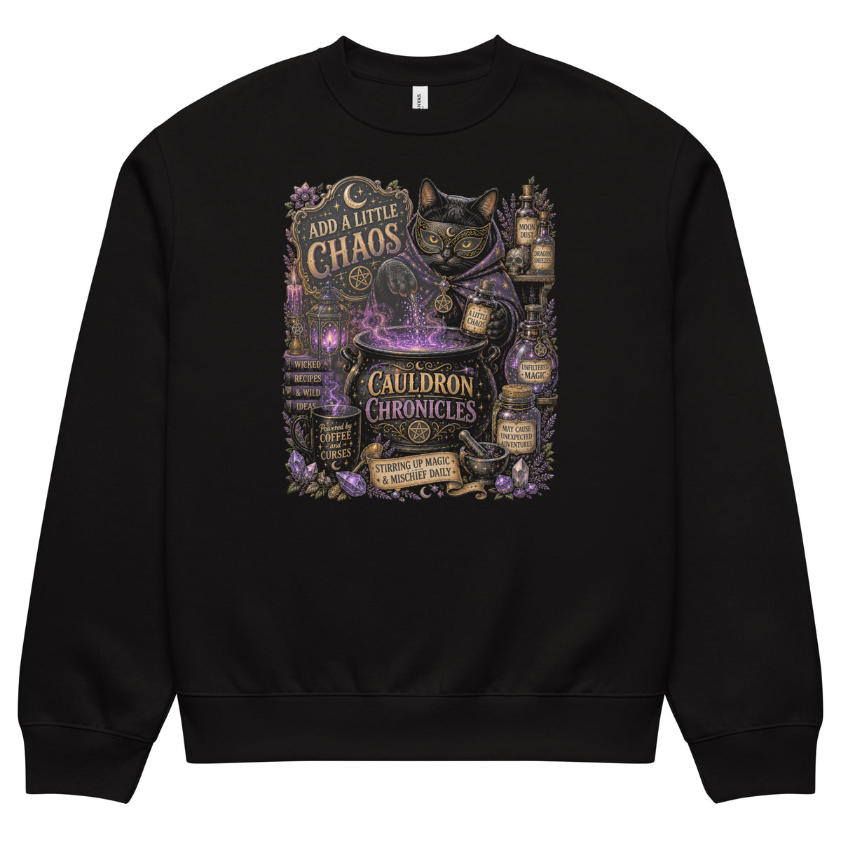 Add A Little Chaos whimsigoth design, a masked cat and a bubbling cauldron, on a black oversized heavyweight sweatshirt, front view alternate