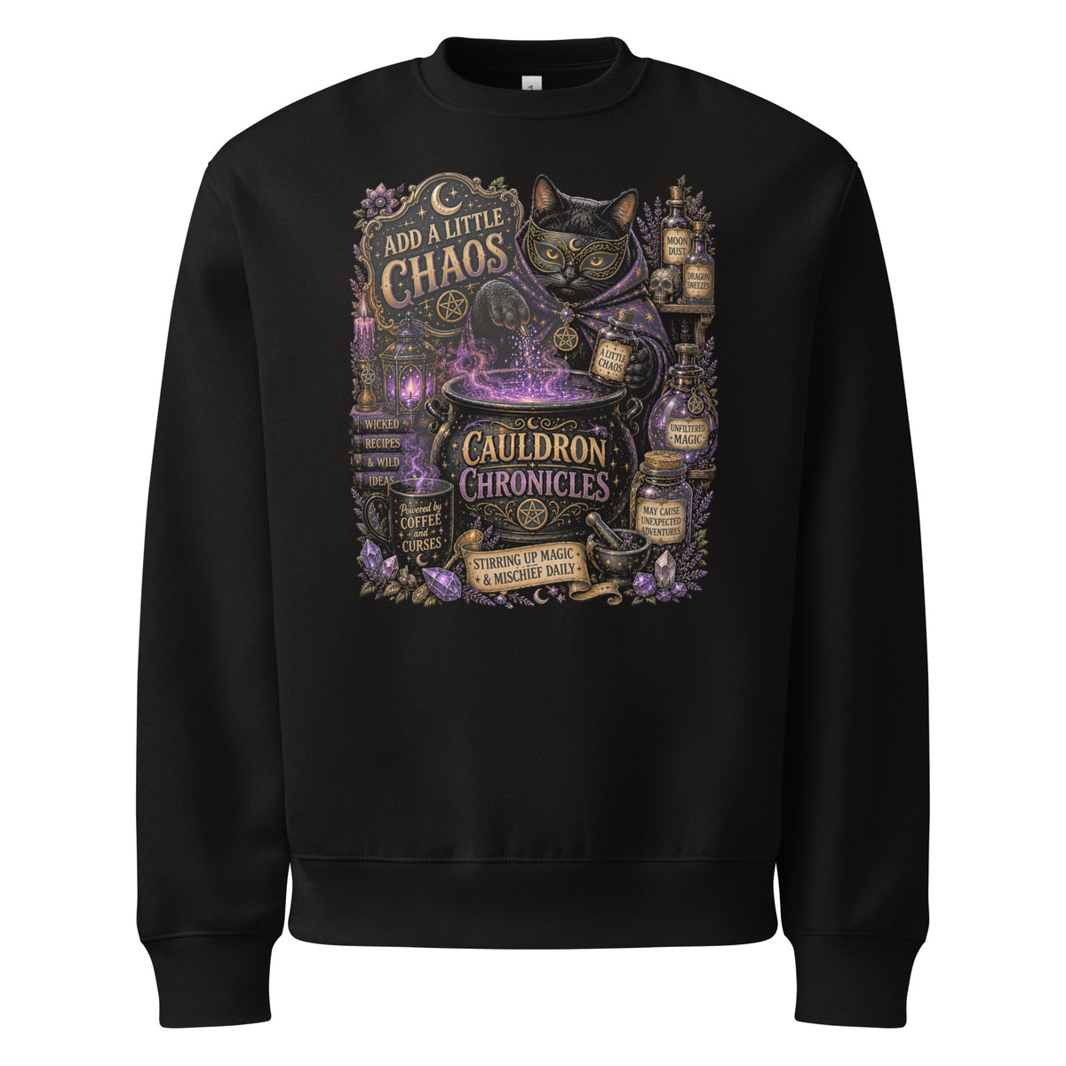Add A Little Chaos whimsigoth design, a masked cat and a bubbling cauldron, on a black oversized heavyweight sweatshirt, front view detail