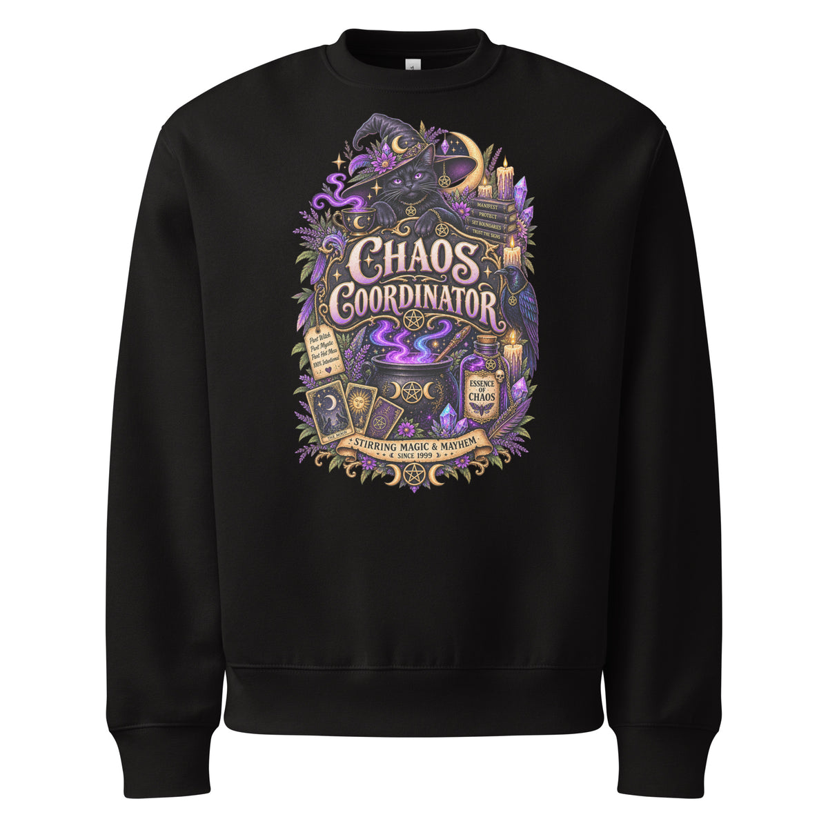 Chaos Coordinator whimsigoth design, a witchy black cat in a pointed hat, on a black oversized heavyweight sweatshirt, front view