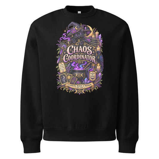 Chaos Coordinator whimsigoth design, a witchy black cat in a pointed hat, on a black oversized heavyweight sweatshirt, front view