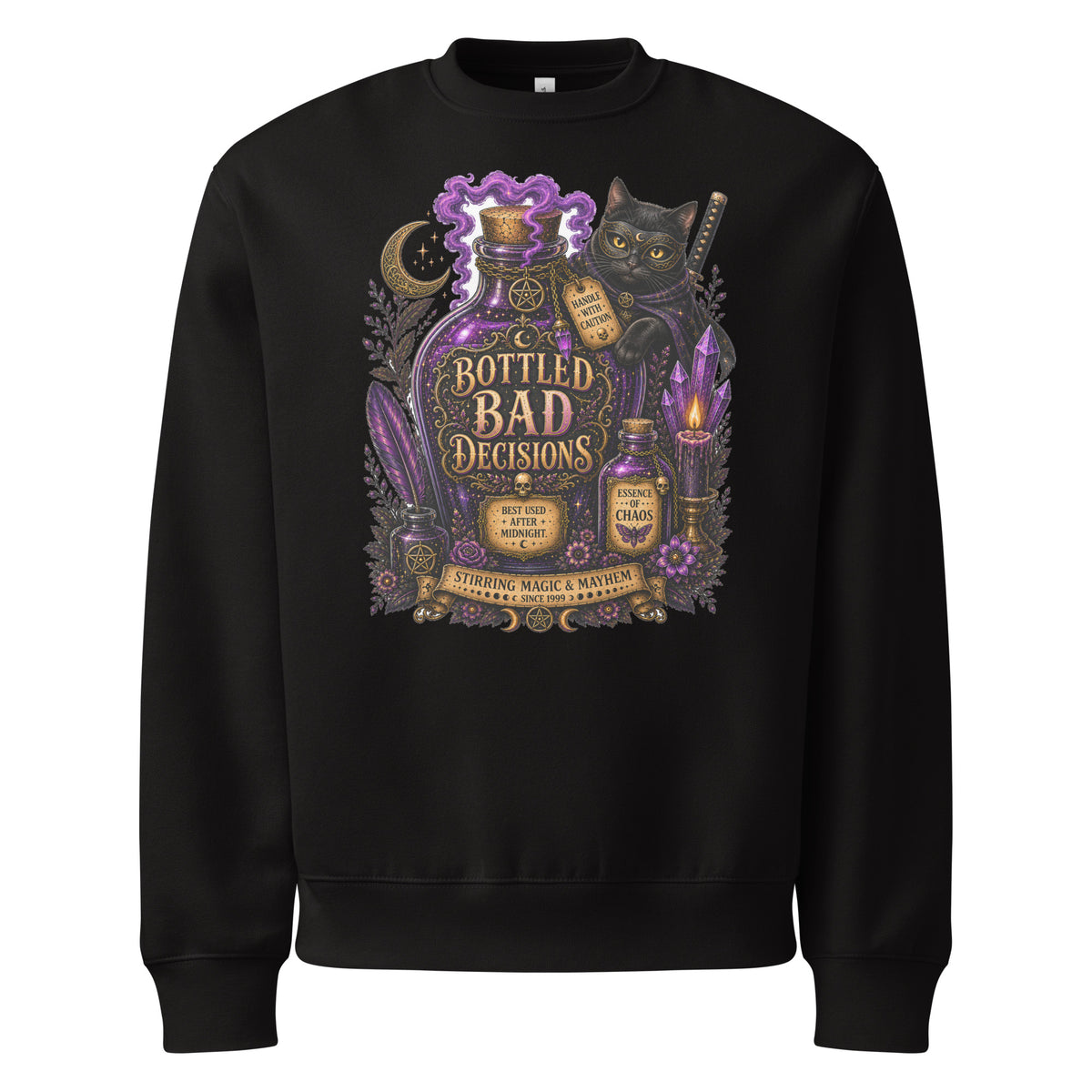 Bottled Bad Decisions whimsigoth design, a black cat and a glowing potion bottle, on a black oversized heavyweight sweatshirt, front view
