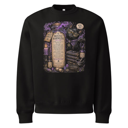 Mostly Harmless whimsigoth design, a potion bottle with a long warning label, on a black oversized heavyweight sweatshirt, front view