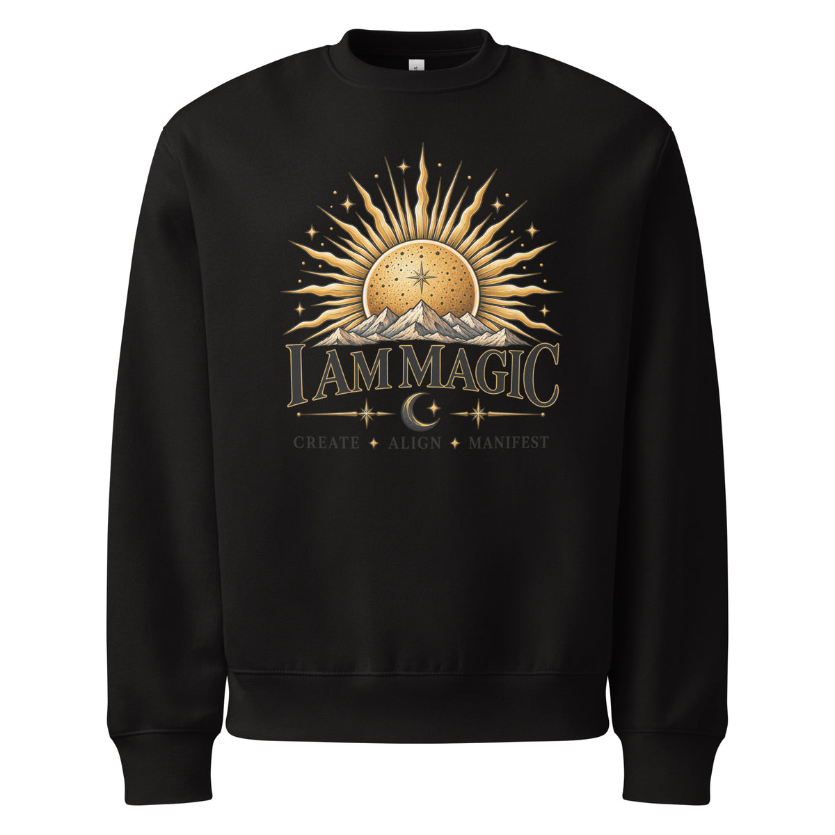 I Am Magic design with a gold sun face, Be Magical collection, on a black oversized heavyweight sweatshirt, front view