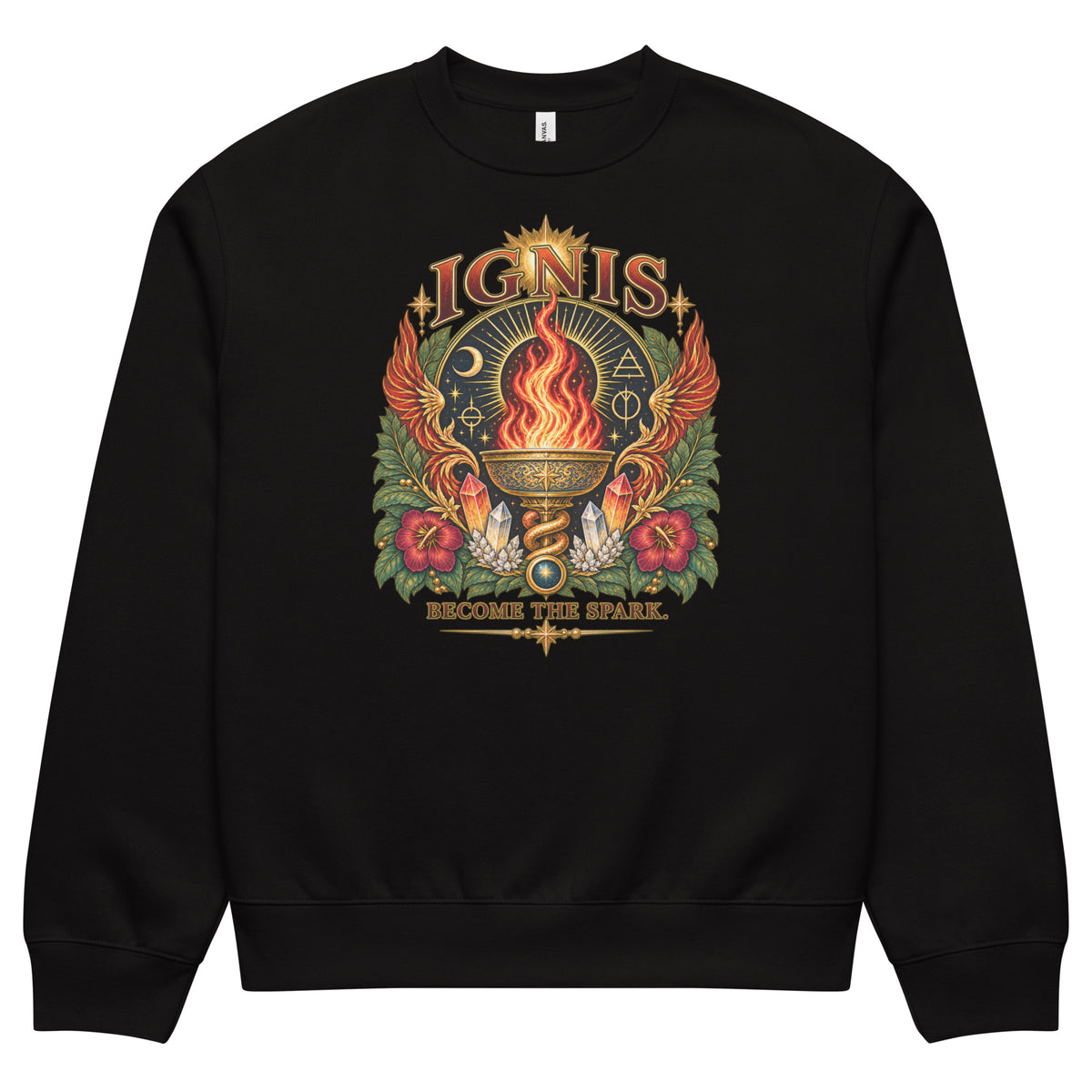 Ignis Become the Spark design, Be Magical collection, on a black oversized heavyweight sweatshirt, front view