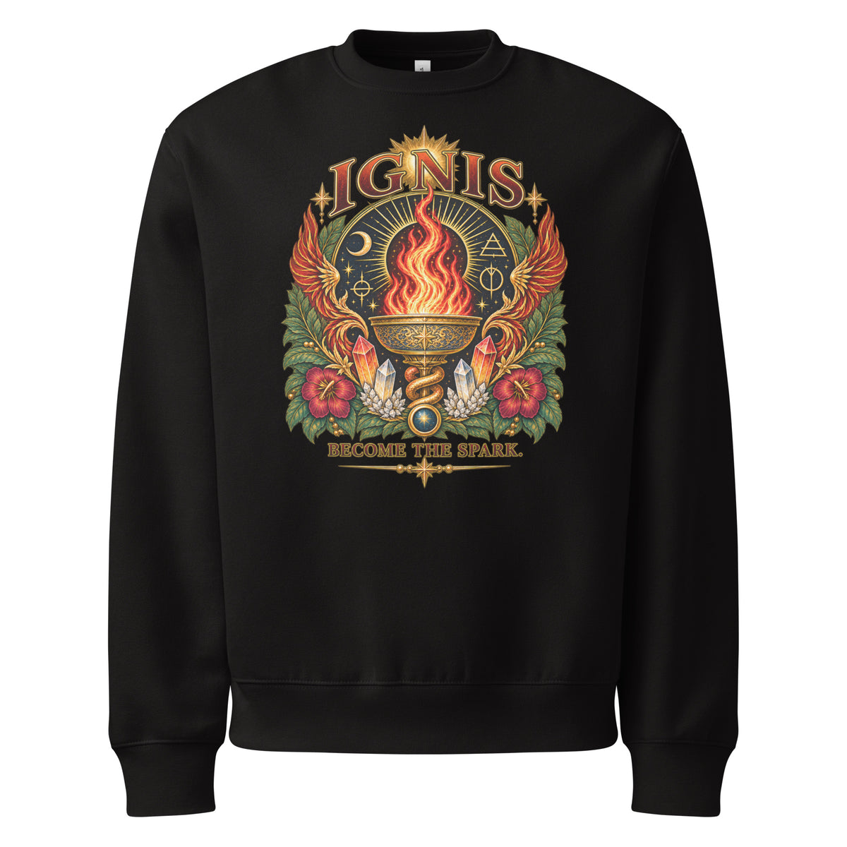 Ignis, Become the Spark design, on a black oversized heavyweight sweatshirt, front view