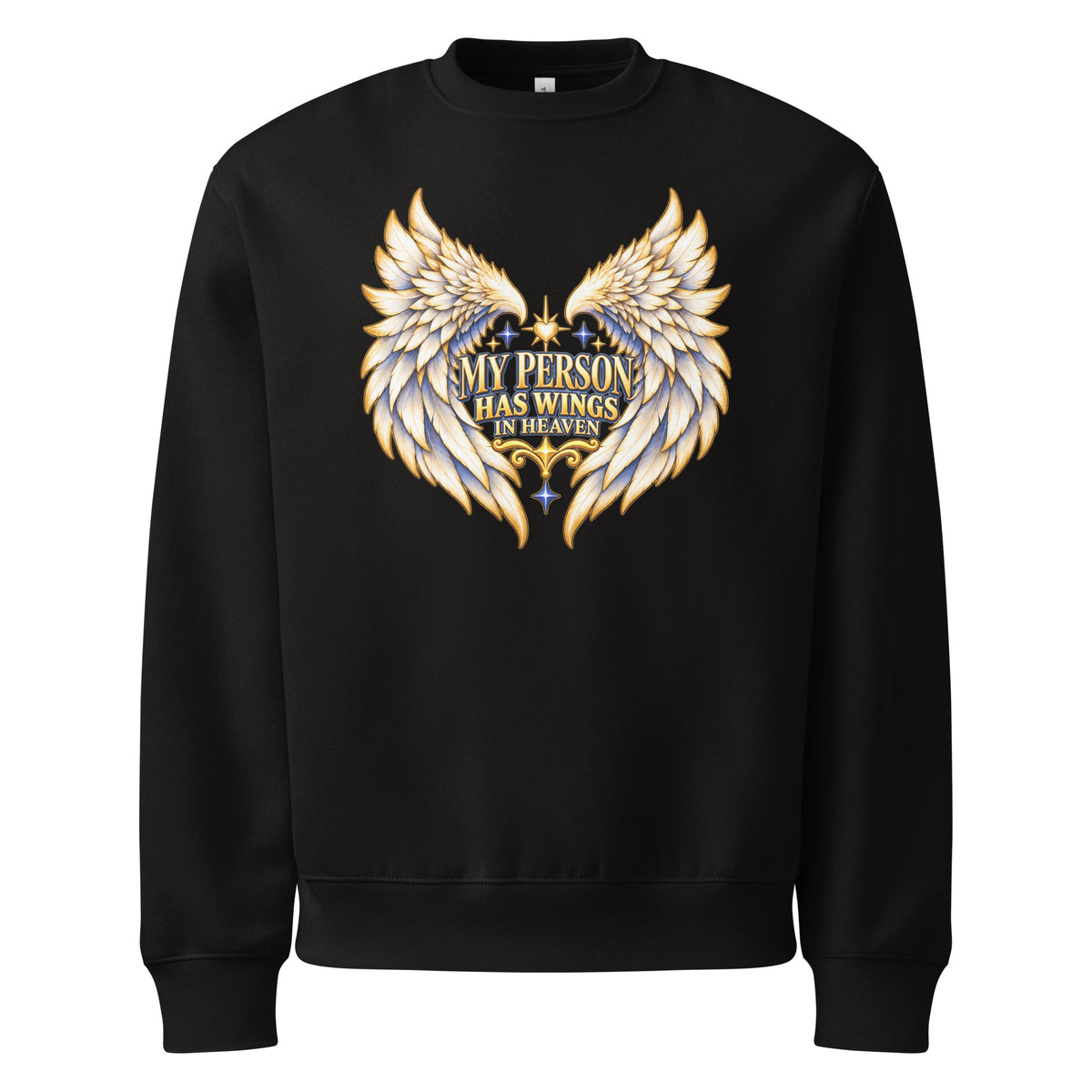 My Person Has Wings In Heaven design, gold and white angel wings curving into a heart around gold lettering with blue star sparkles, on a black oversized heavyweight sweatshirt, front view