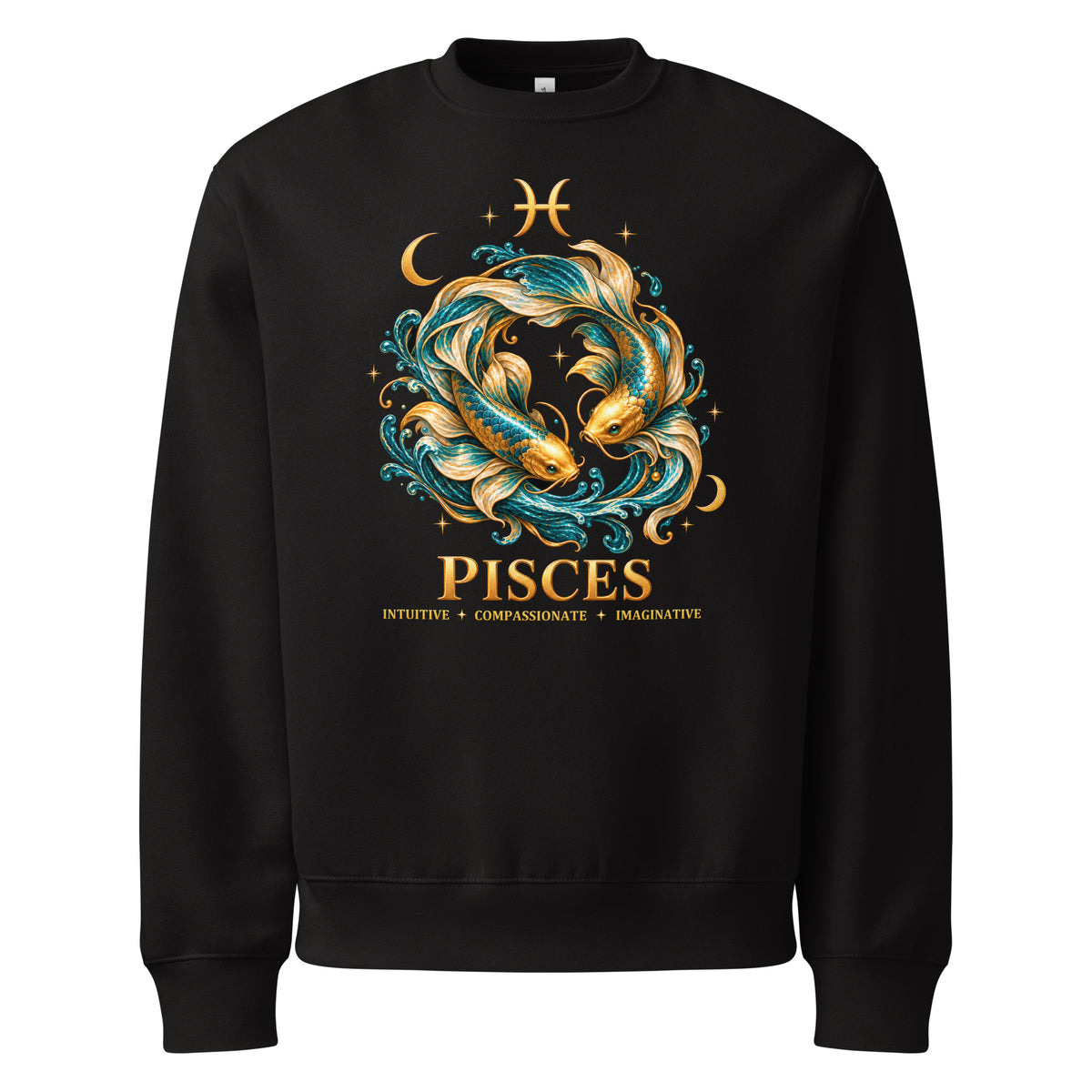 Pisces zodiac oversized sweatshirt in black: two gold and teal koi circling in a night sky of gold stars, with the Pisces glyph, two crescent moons and PISCES