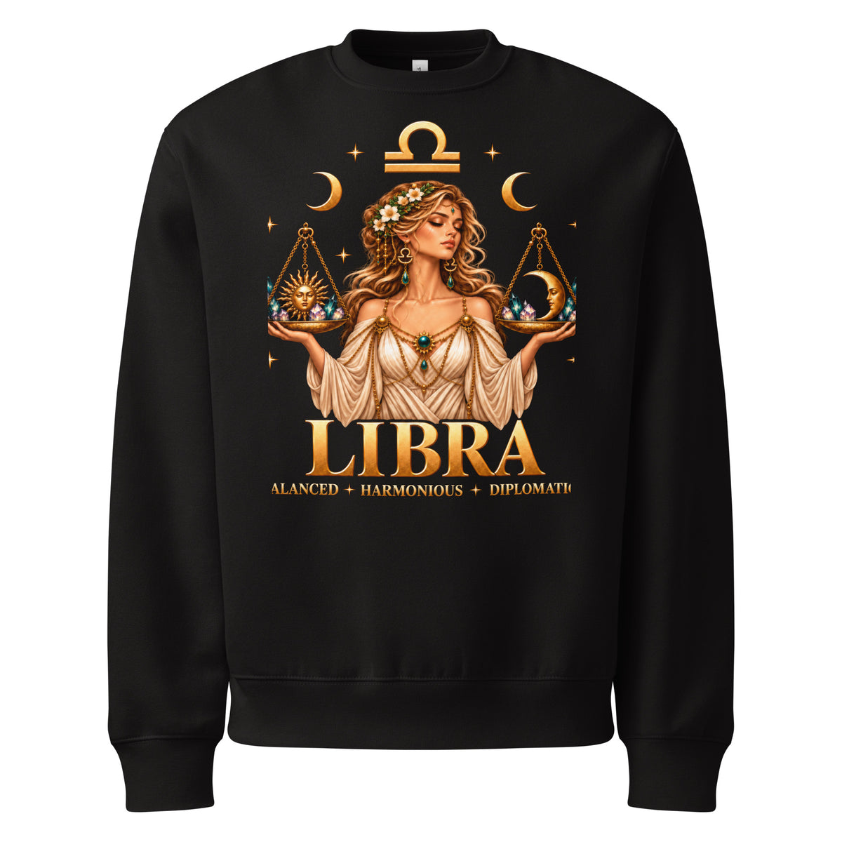 Libra zodiac oversized sweatshirt in black: a woman holding golden scales with the sun and the moon in a night sky of gold stars, with the Libra glyph and LIBRA