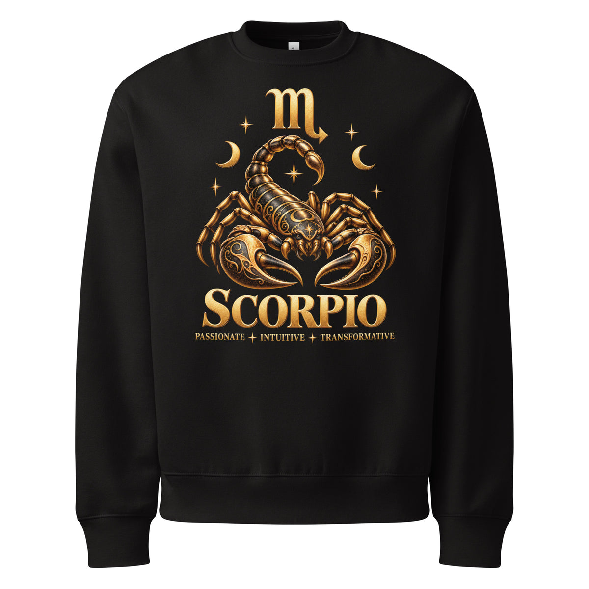 Scorpio zodiac oversized sweatshirt in black: a golden scorpion with its tail raised in a night sky of gold stars, with the Scorpio glyph and SCORPIO