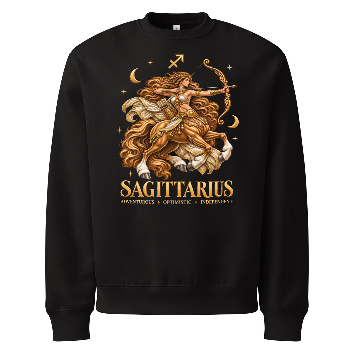 Sagittarius zodiac oversized sweatshirt in black: a golden centaur archer drawing her bow in a night sky of gold stars, with the Sagittarius glyph and SAGITTARIUS