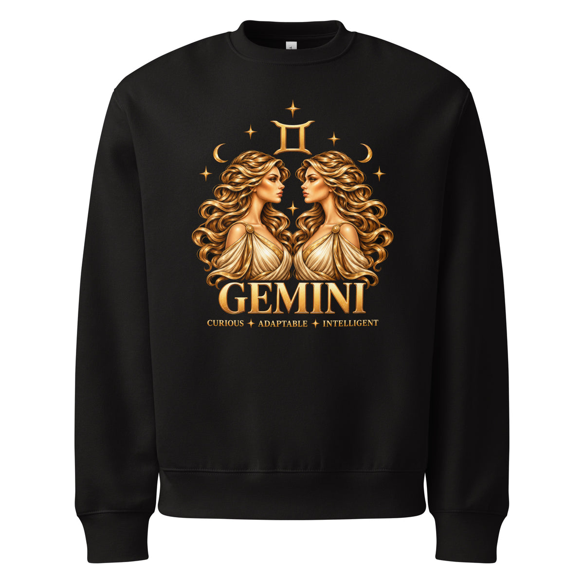 Gemini zodiac oversized sweatshirt in black: golden twins face to face with flowing hair in a night sky of gold stars, with the Gemini glyph, two crescent moons and the words Curious, Adaptable, Intelligent