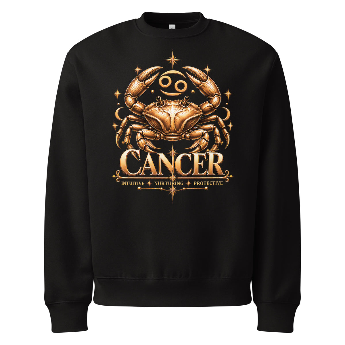 Cancer zodiac oversized sweatshirt in black: a golden crab with claws raised in a night sky of gold stars, with the Cancer glyph, crescent moons and the words Intuitive, Nurturing, Protective