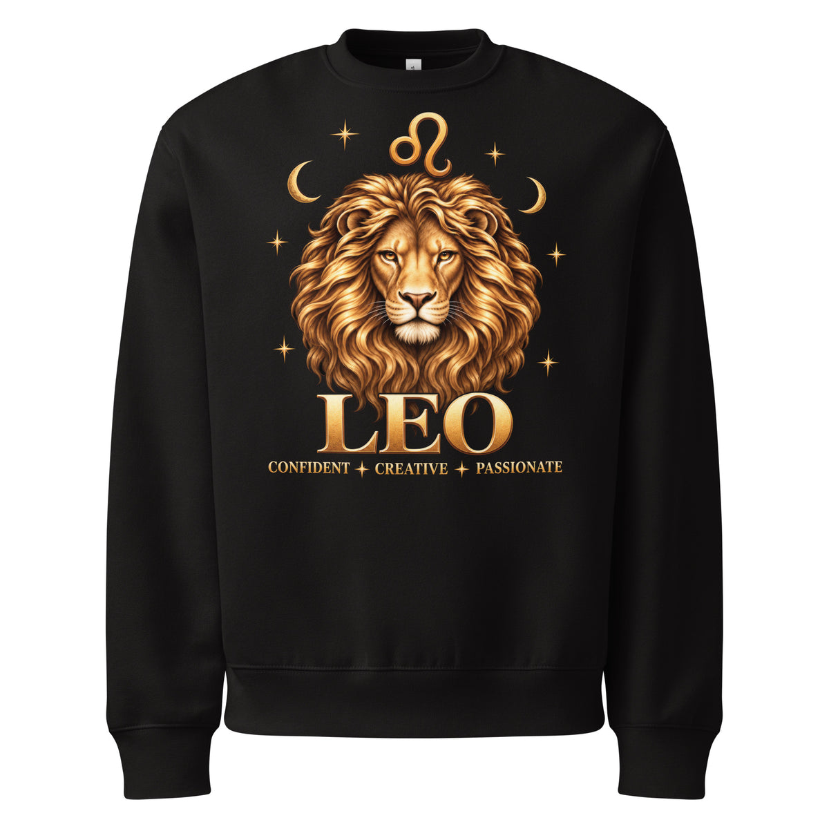Leo zodiac oversized sweatshirt in black: a golden lion with a full flowing mane in a night sky of gold stars, with the Leo glyph, two crescent moons and the words Confident, Creative, Passionate