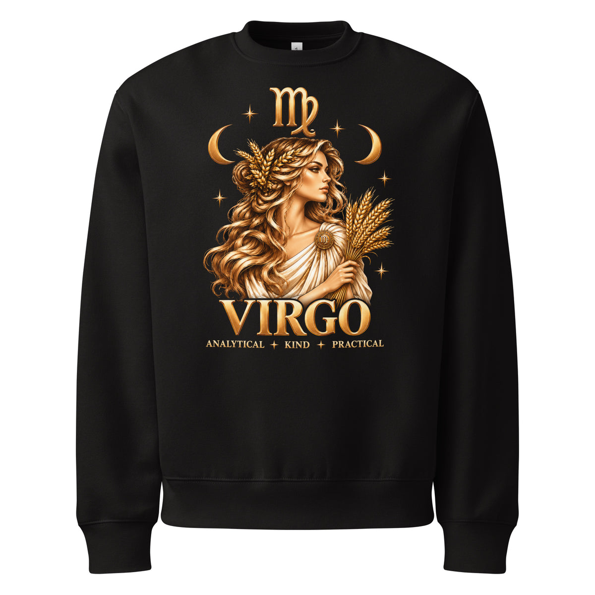 Virgo zodiac oversized sweatshirt in black: a golden maiden with wheat in her hair holding a sheaf of wheat in a night sky of gold stars, with the Virgo glyph, two crescent moons and the words Analytical, Kind, Practical