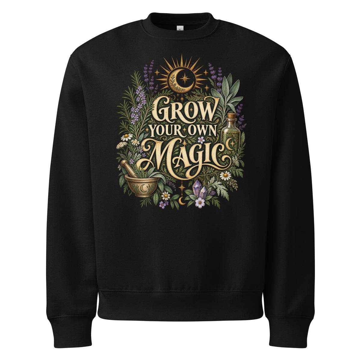 Grow Your Own Magic herbology design, herbs and a golden moon, on a black oversized sweatshirt, front view