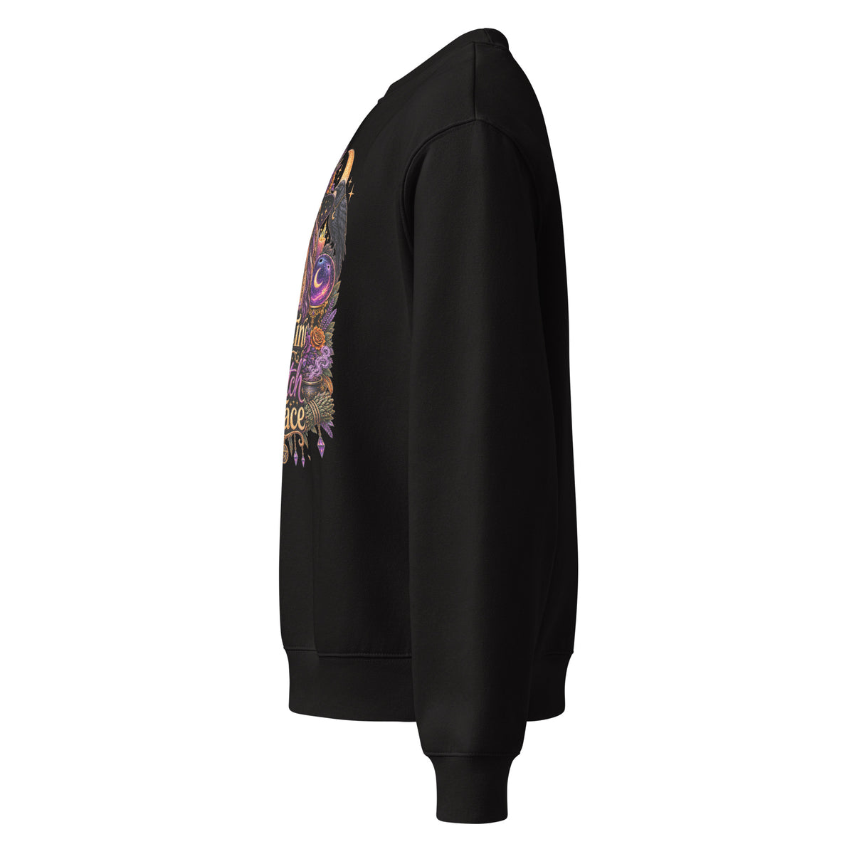 Resting Witch Face whimsigoth design, a witch in round sunglasses with her black cat and a raven, on a black oversized heavyweight sweatshirt, left side view