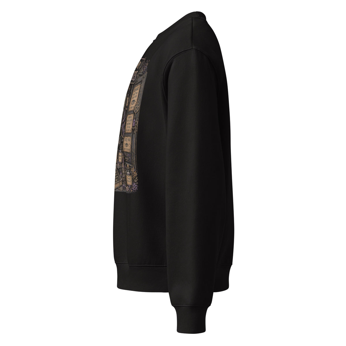 My Apothecary Has Trust Issues, a witchy black cat and a cabinet of potion bottles, on a black oversized heavyweight sweatshirt, left side view